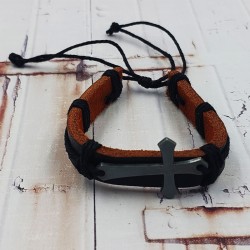 Men’s black leather cross bracelet